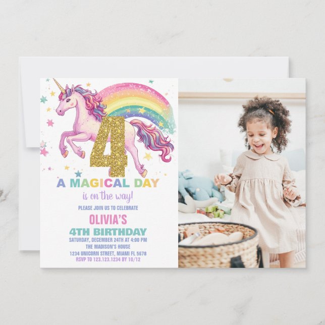 4th Unicorn Birthday Invitations with picture (Front)