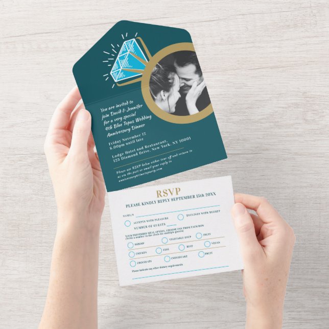 4th wedding anniversary dinner blue topaz ring all all in one invitation (Tearaway)