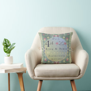 4th Year Wedding Anniversary Green&Blue Flower Cushion