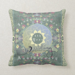 4th Year Wedding Anniversary Green&Blue Flower Cushion