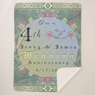 4th Year Wedding Anniversary Green&Blue Flower Sherpa Blanket