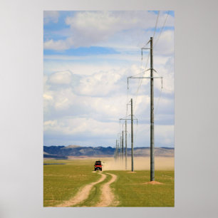4X4 Vehicles On Dirt Road, Gobi Desert Poster