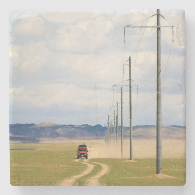 4X4 Vehicles On Dirt Road, Gobi Desert Stone Coaster (Front)