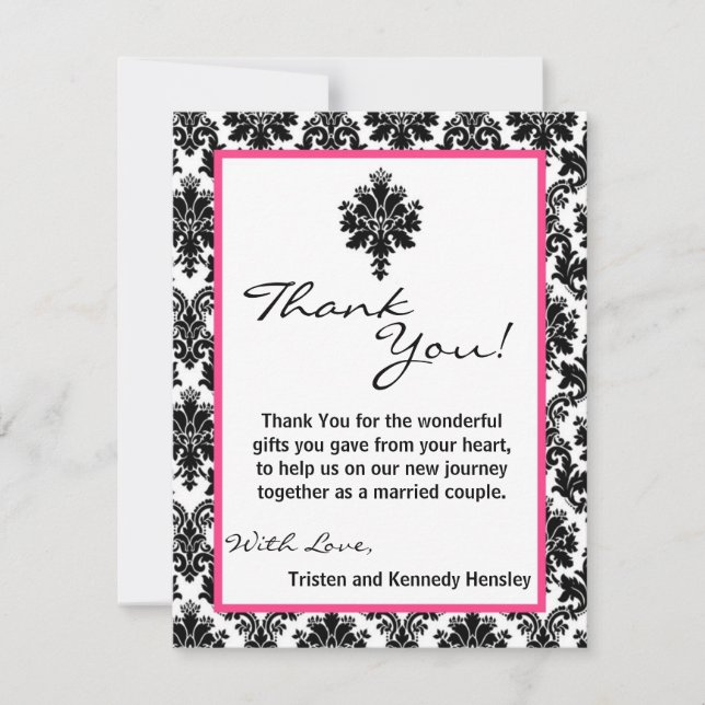 4x5 FLAT Thank You Card Black Hot Pink Damask Lace (Front)