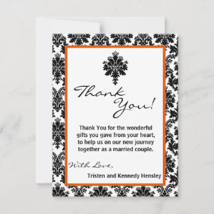 4x5 FLAT Thank You Card Black Orange Damask Lace