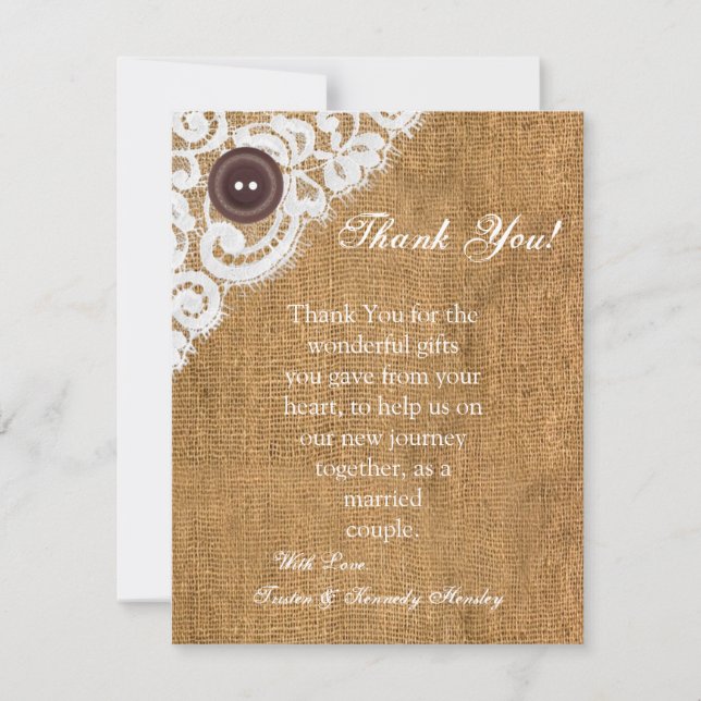 4x5 FLAT Thank You Card Button Burlap Lace (Front)