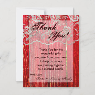 4x5 FLAT Thank You Card Country Lace Red Wash Wood
