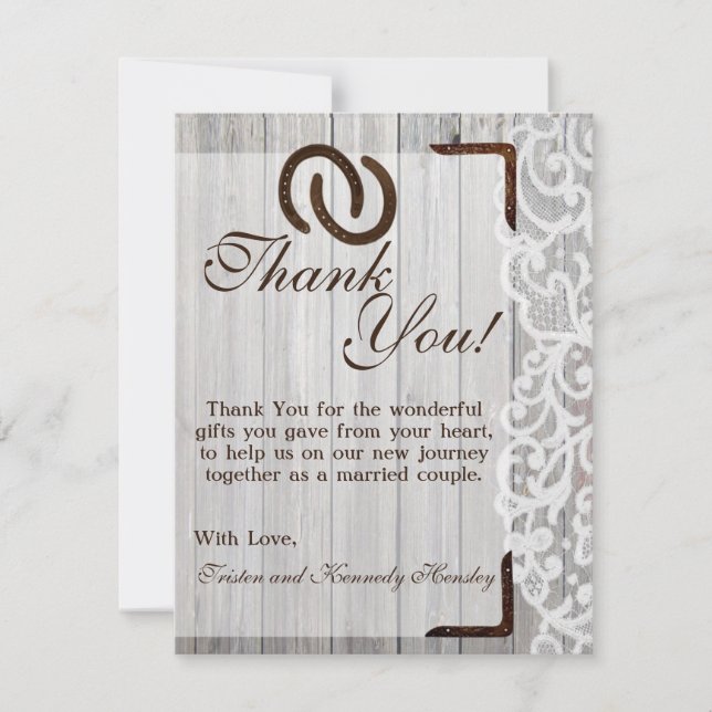 4x5 FLAT Thank You Card Horse Shoes on Wood Lace (Front)