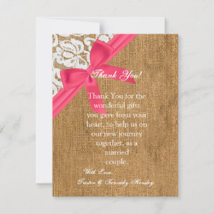 4x5 FLAT Thank You Card Pink Burlap Lace
