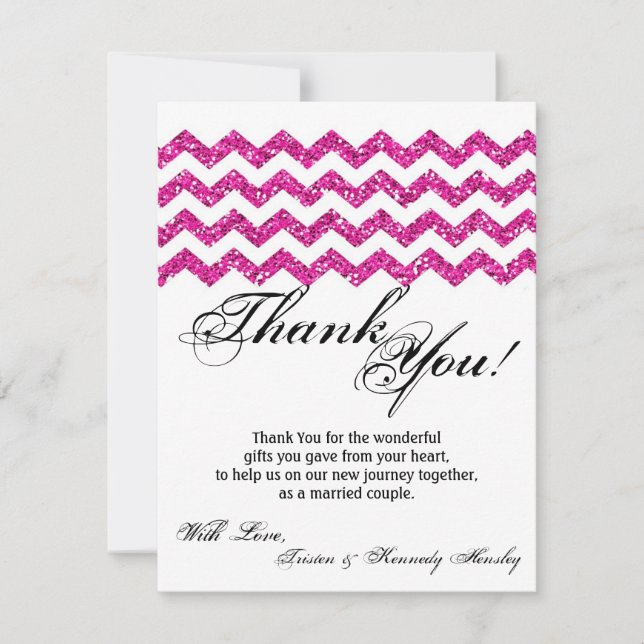 4x5 FLAT Thank You Card Pink Glitter Chevron Strip (Front)