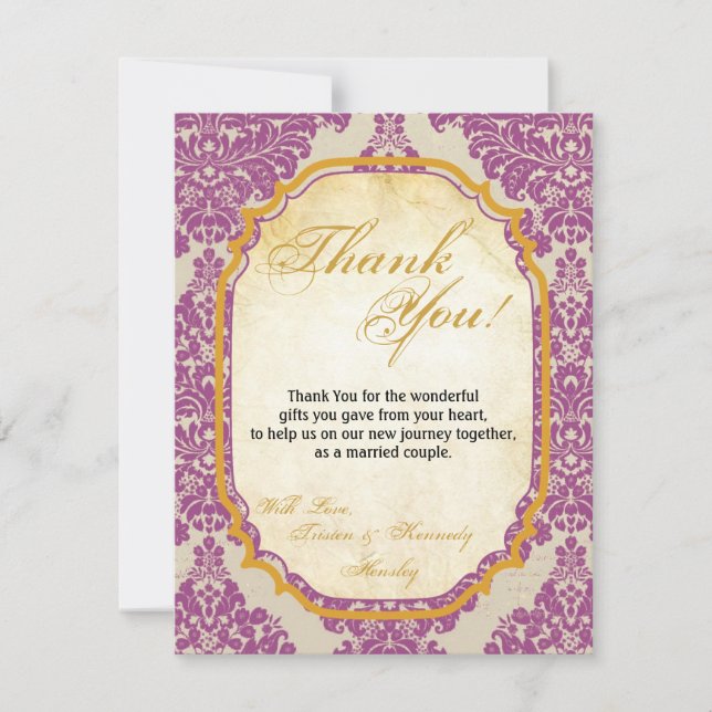 4x5 FLAT Thank You Card Purple Gold Damask Lace Pr (Front)