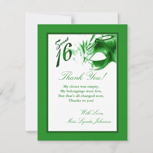 4x5 FLAT Thank you Card Sweet 16 Green Party (Front)