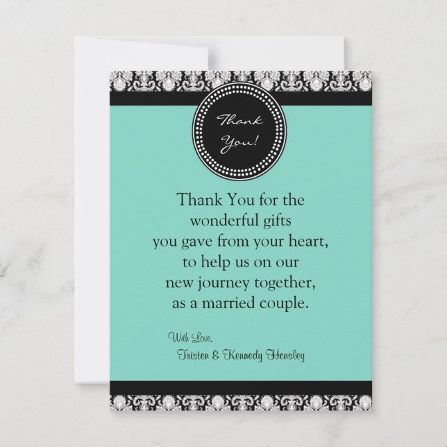 4x5 FLAT Thank You Card Teal & Black Damask (Front)
