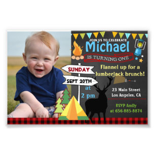 4x6 Camping First birthday photo invitation deer