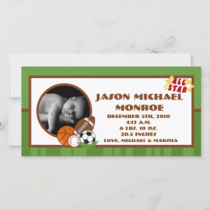 4x8 All Star Green Photo Birth Announcement