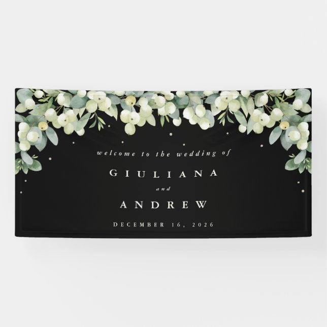 4'x8' Black Snowberry+Eucalyptus Wedding Welcome Banner (Horizontal)