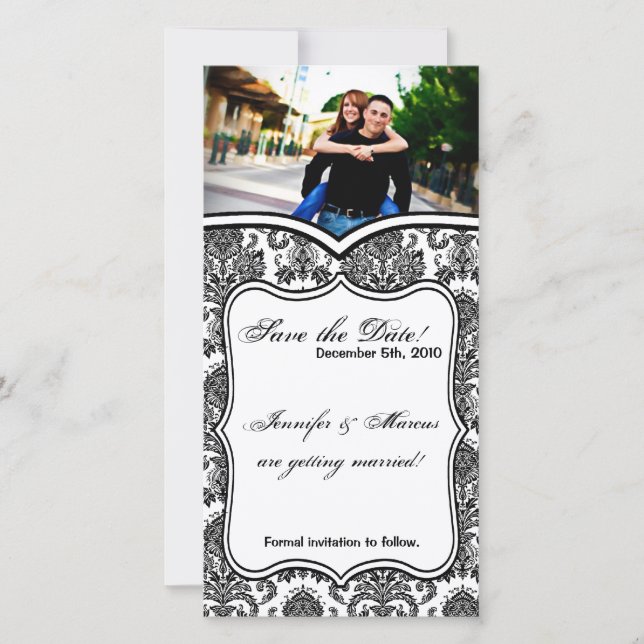 4x8 Engagement Announcement Black White Damask Lac (Front)