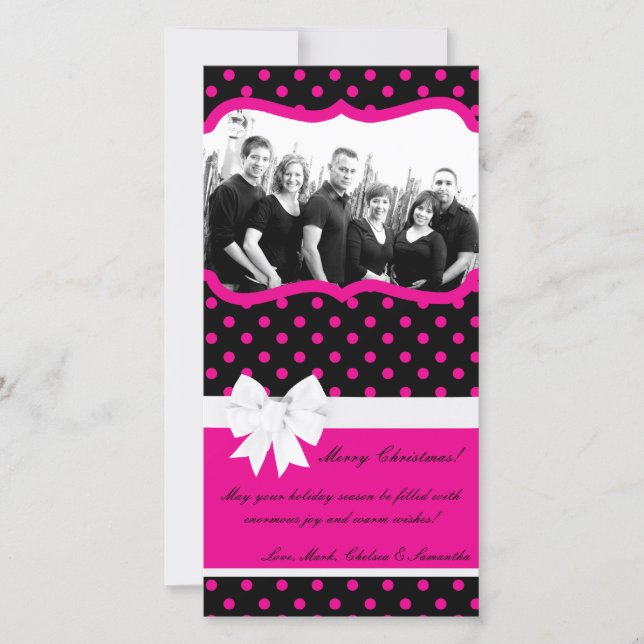 4x8 Hot Pink Black Polka Dot PHOTO Christmas Card (Front)