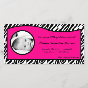 4x8 Hot Pink Zebra Print Photo Birth Announcement