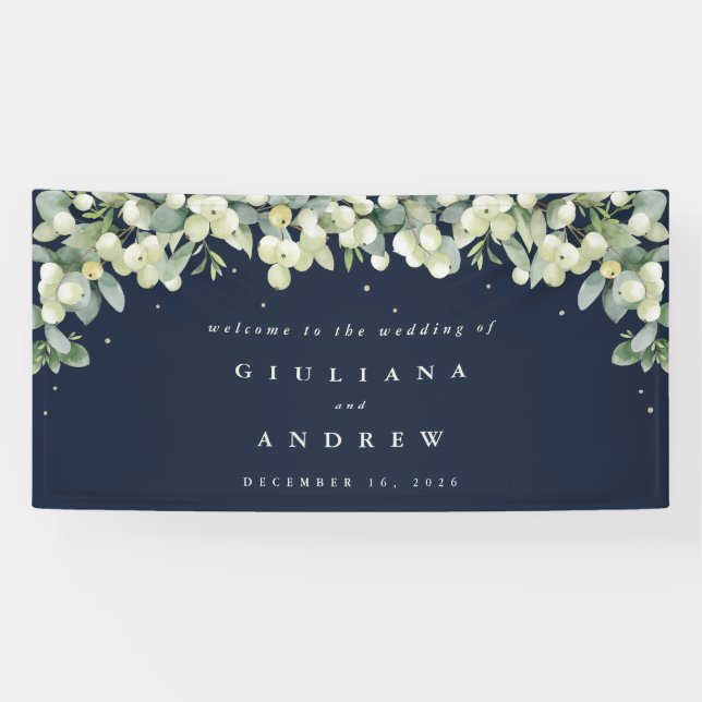 4'x8' Navy Snowberry+Eucalyptus Wedding Welcome Banner (Horizontal)