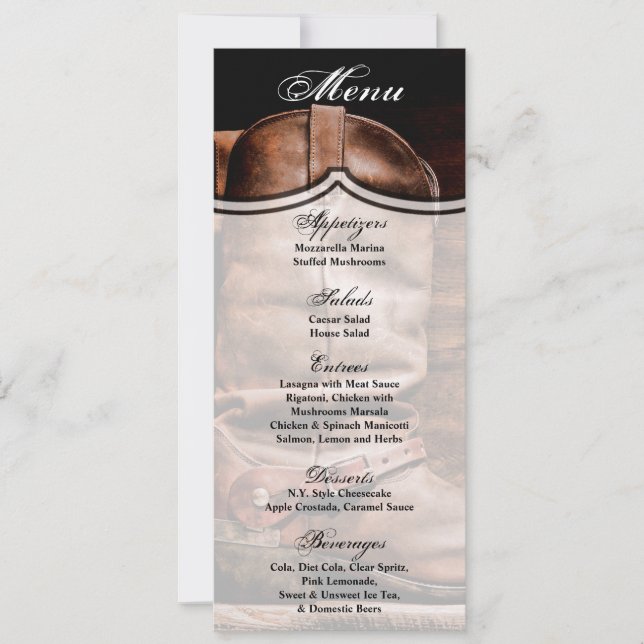 4x9.25 Menu Cards Cowboy Boots Barn Wood Rustic Co (Front)