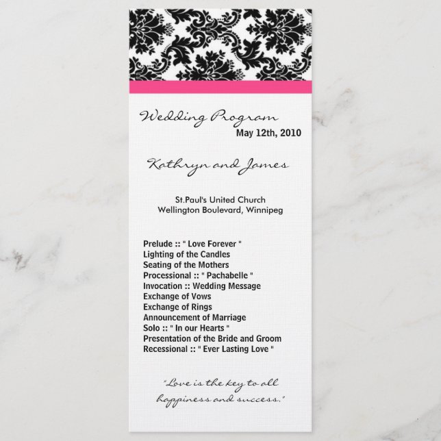 4x9 Wedding Program - Black Damask and Hot Pink (Front)