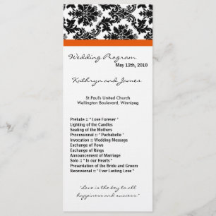 4x9 Wedding Program - Black Damask and Orange