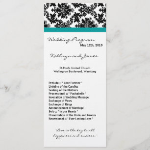 4x9 Wedding Program - Black Damask Teal Turquoise