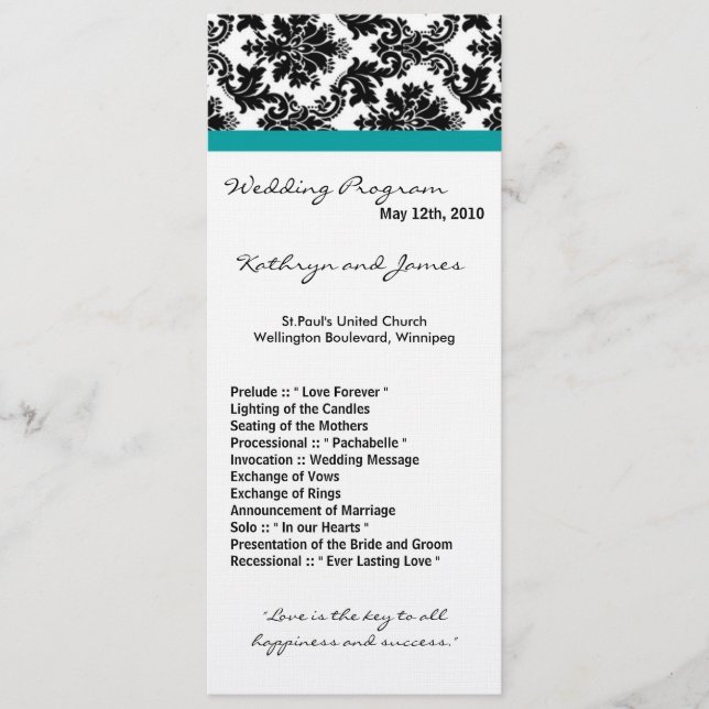 4x9 Wedding Program - Black Damask Teal Turquoise (Front)