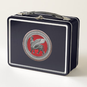[500] Assyrian Winged Bull: Silver & Black Lamassu Metal Lunch Box