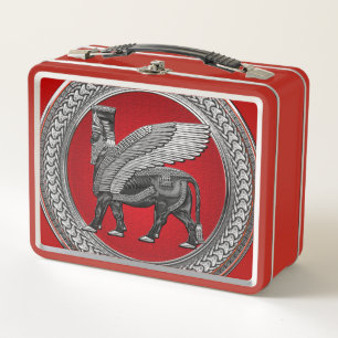 [500] Assyrian Winged Bull: Silver & Black Lamassu Metal Lunch Box