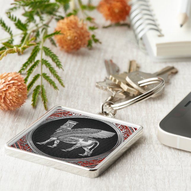 [500] Assyrian Winged Bull - Silver Lamassu Key Ring (Side)
