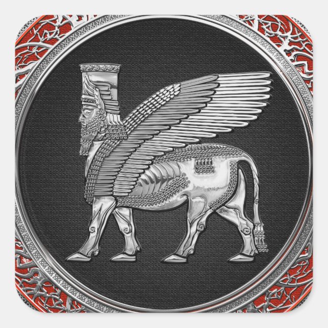 [500] Assyrian Winged Bull - Silver Lamassu Square Sticker (Front)