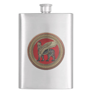 [500] Assyrian Winged Lion: Gold & Black Lamassu Hip Flask