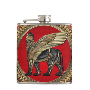 [500] Assyrian Winged Lion: Gold & Black Lamassu Hip Flask
