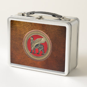 [500] Assyrian Winged Lion: Gold & Black Lamassu Metal Lunch Box
