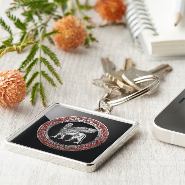 [500] Assyrian Winged Lion - Silver Lamassu Key Ring (Side)