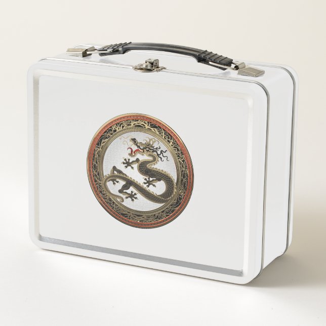 [500] Black and Gold Sacred Eastern Dragon Metal Lunch Box (Front)