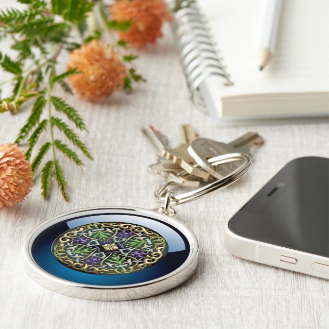 [500] Celtic Cross [Gold with Black Enamel] Key Ring (Side)