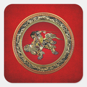 [500] Hokusai - Shoki Riding Shishi Lion Square Sticker