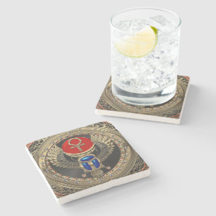 [500] Sacred Gold Egyptian Winged Scarab with Ankh Stone Coaster