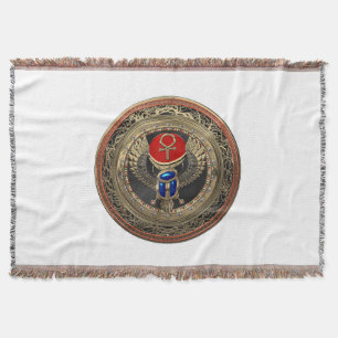 [500] Sacred Gold Egyptian Winged Scarab with Ankh Throw Blanket