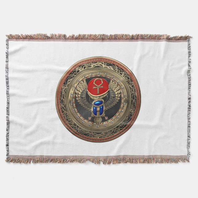 [500] Sacred Gold Egyptian Winged Scarab with Ankh Throw Blanket (Front)