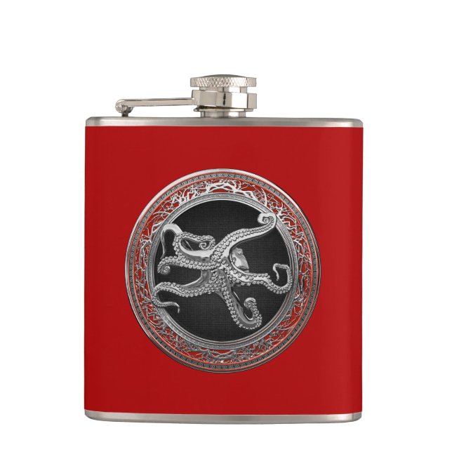 [500] Sacred Silver Octopus in Defensive Posture Hip Flask (Front)