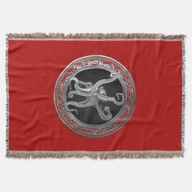 [500] Sacred Silver Octopus in Defensive Posture Throw Blanket (Front)