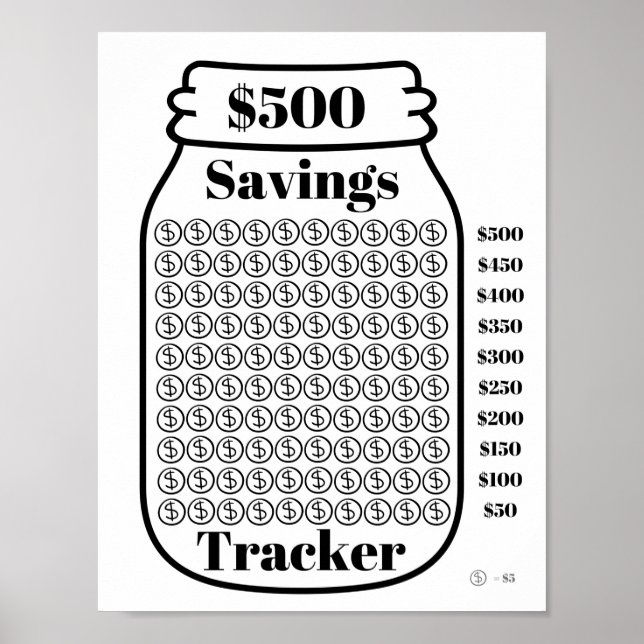 $500 Savings Tracker Mason Jar Budget Goal Sheet Poster (Front)