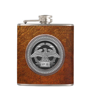 [500] Silver Roman Imperial Eagle over Medallion Hip Flask