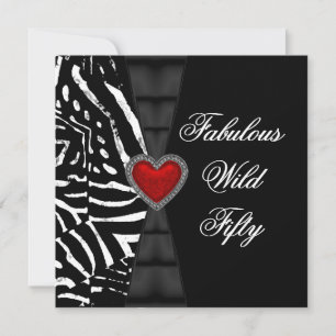 50 50th Birthday Party Red Zebra Black White Invitation