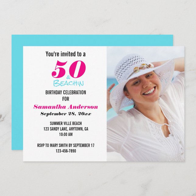 50 and Beachin Birthday Party Photo Invitation (Front/Back)