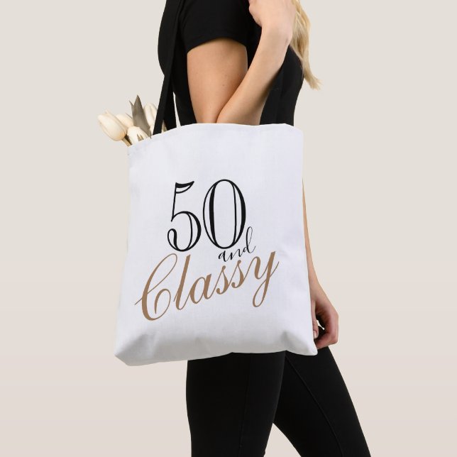 50 and Classy Elegant Black Golden Script Birthday Tote Bag (Close Up)